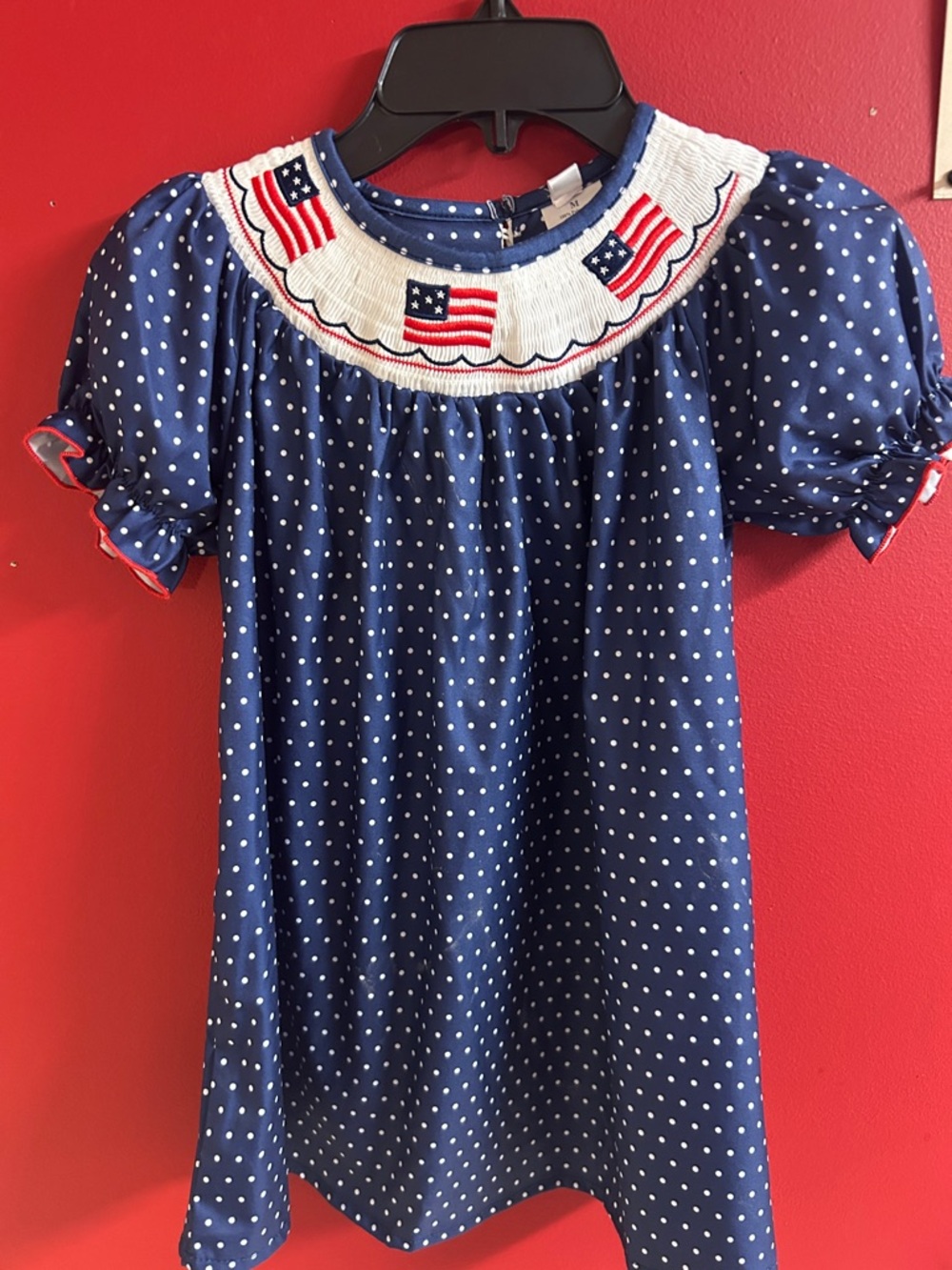 Girls' Navy Polka Dot Smocked Dress with Flag Motif